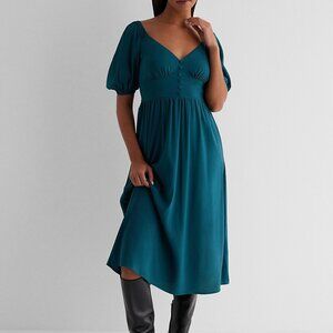 V-Neck Puff Sleeve Button Front Tie Back Midi Dress